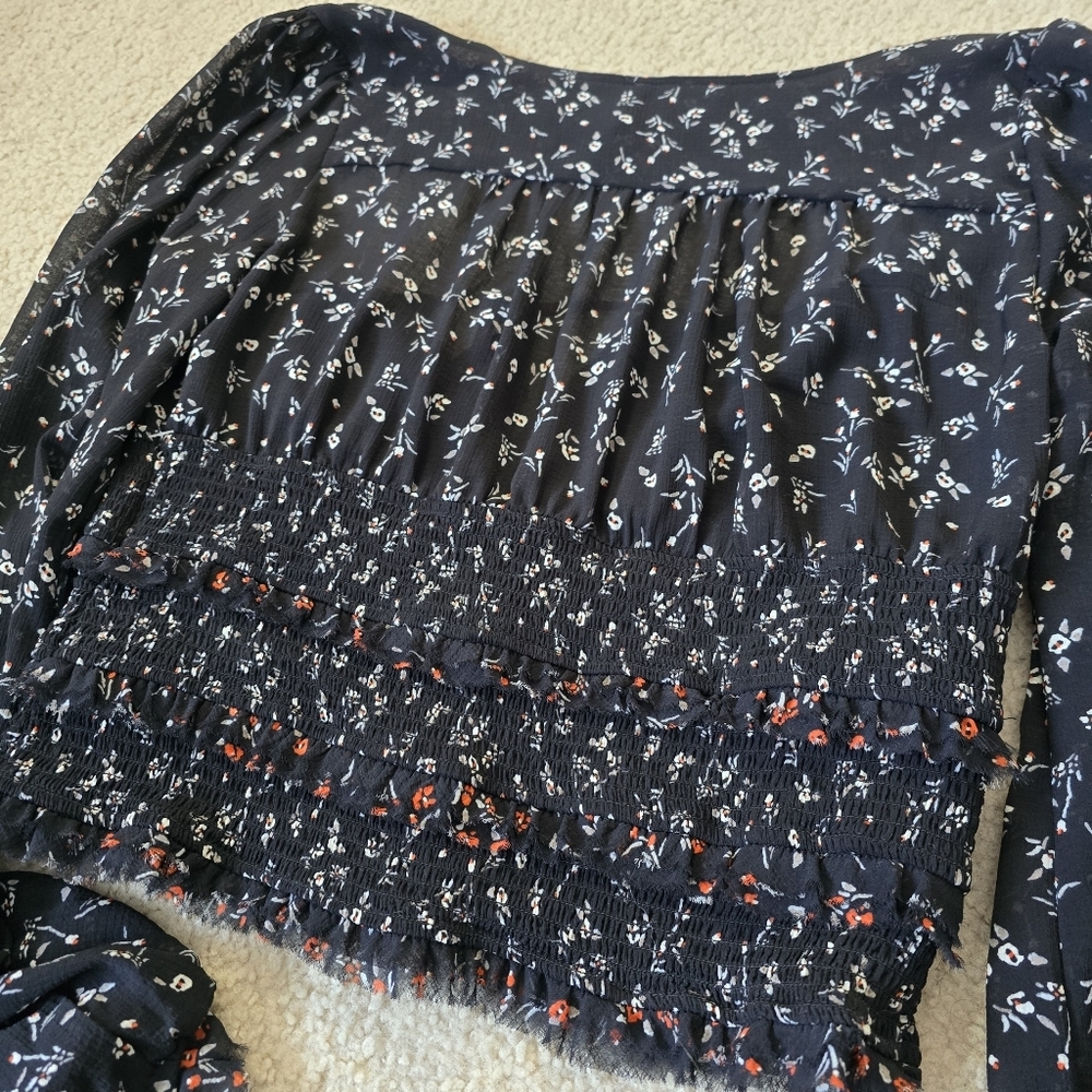 Free People Lolita Top Tiered Smocked Ruffle Raw Hem Drawstring Tie Long Sleeve - Picture 12 of 12